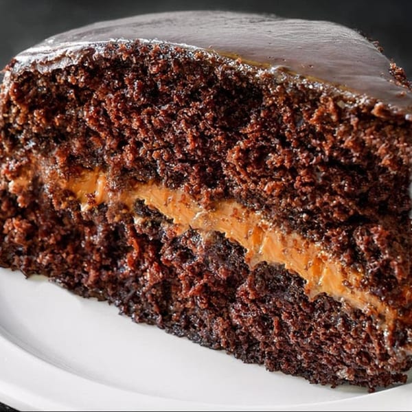 A slice of rich chocolate cake with a dulce de leche filling and chocolate ganache topping.