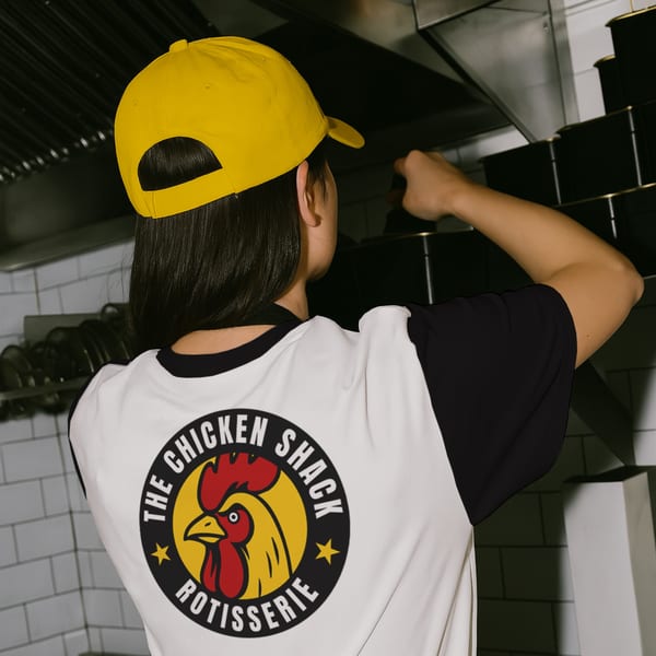 A person in a yellow cap and a "The Chicken Shack Rotisserie" shirt working in a kitchen.