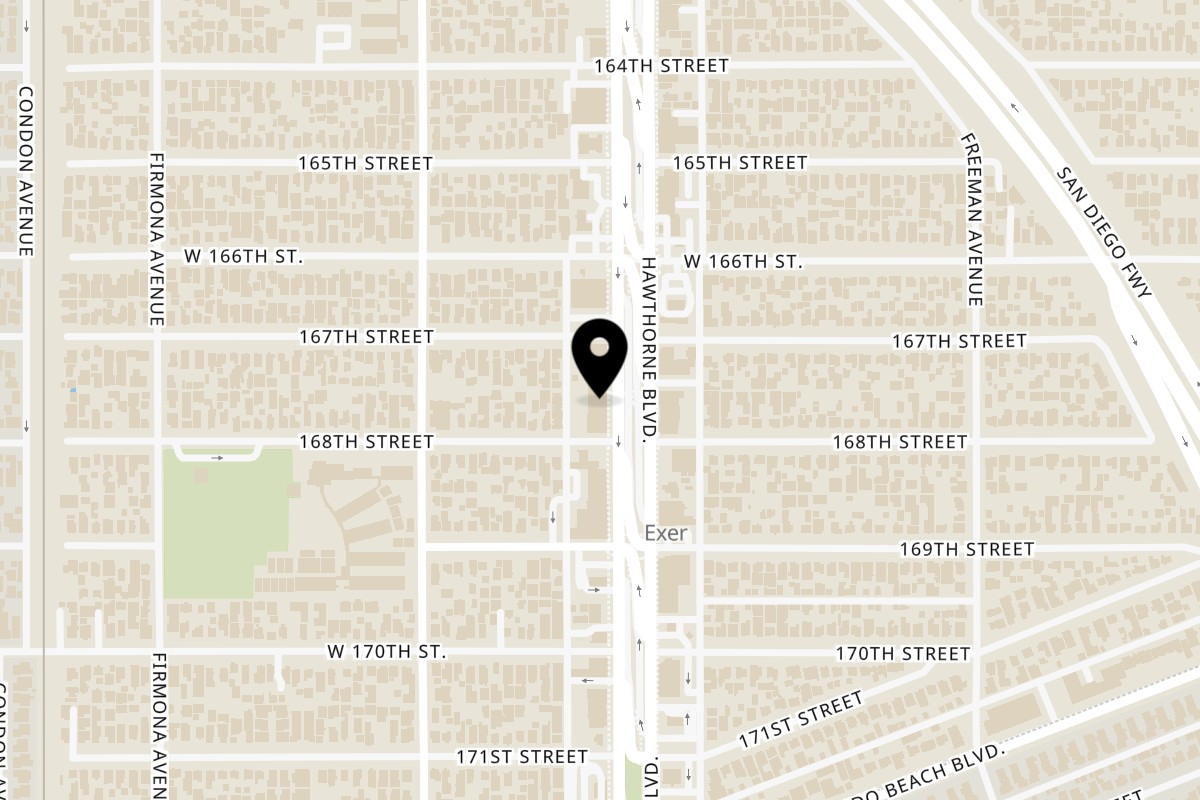 Map showing the location of The Chicken Shack Lawndale on 16711 Hawthorne Boulevard in Lawndale